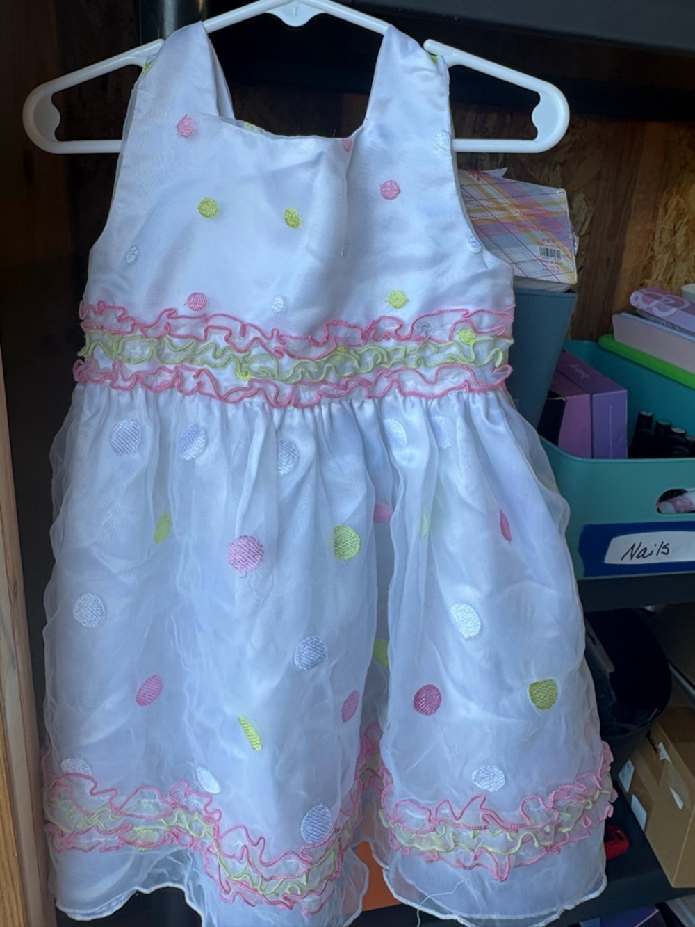 Youngland White Dress with Pink, Yellow and Lavender Polka Dots